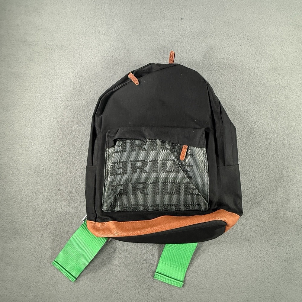 JDM Style BRIDE Racing Backpack with Green Harness Straps Black With Leather